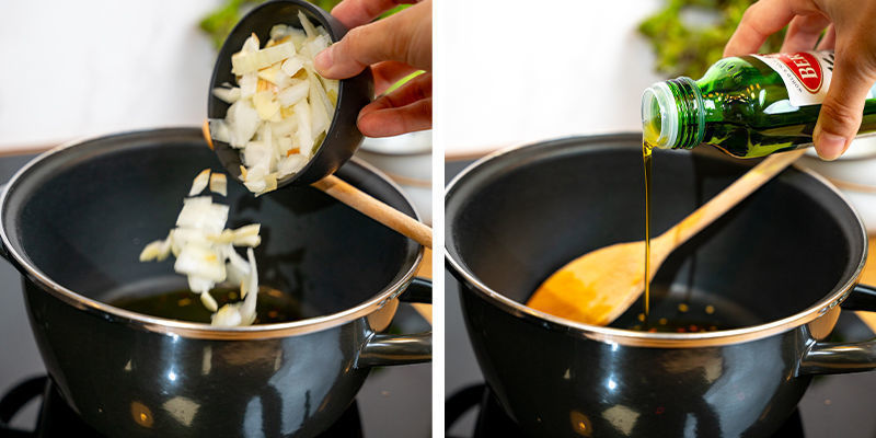 Fai Rosolare Le Cipolle Nell’Olio Di Cocco O Di Oliva In Una Pentola,. Aggiungi L’Aglio Quando Le Cipolle Sono Traslucide E Rosola Fino Alla Doratura