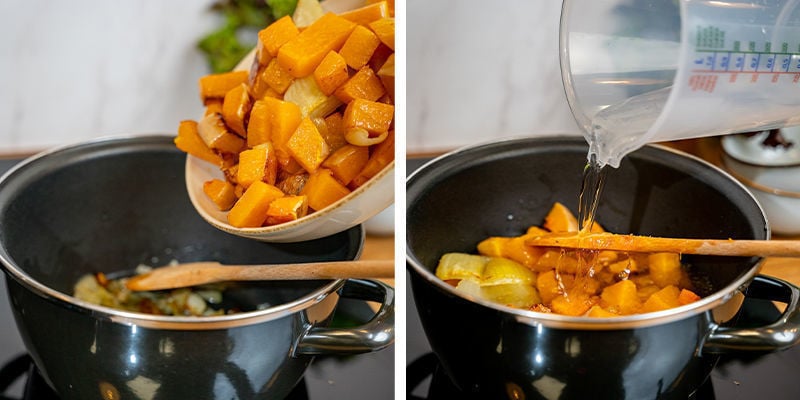 Aggiungi La Zucca Arrostita, Il Brodo Vegetale E L’Acqua. Porta Ad Ebollizione