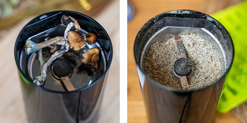 Innanzitutto, Usate Il Macinacaffè O Il Grinder Per Tritare Finemente I Funghi Allucinogeni.